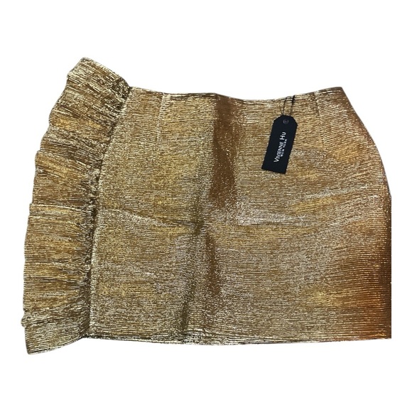 Vivienne Hu Metallic Gold Ribbed Plisse Lame Ruffle Mini Skirt - Size 4 - Picture 8 of 8